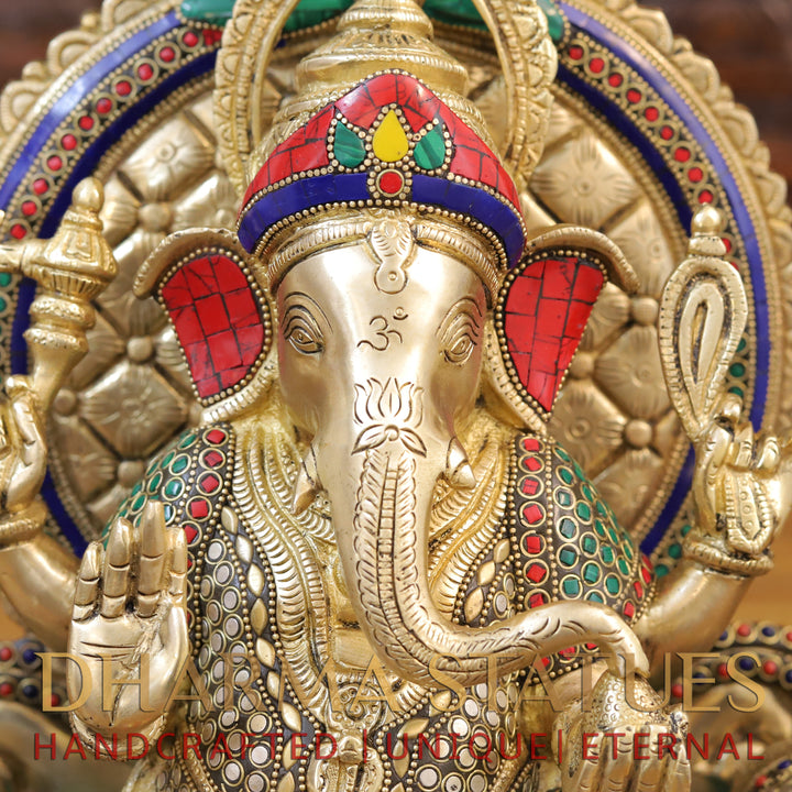 Brass Ganesh Statue, Seated on a Chowki, Stone & Golden Finish 18"