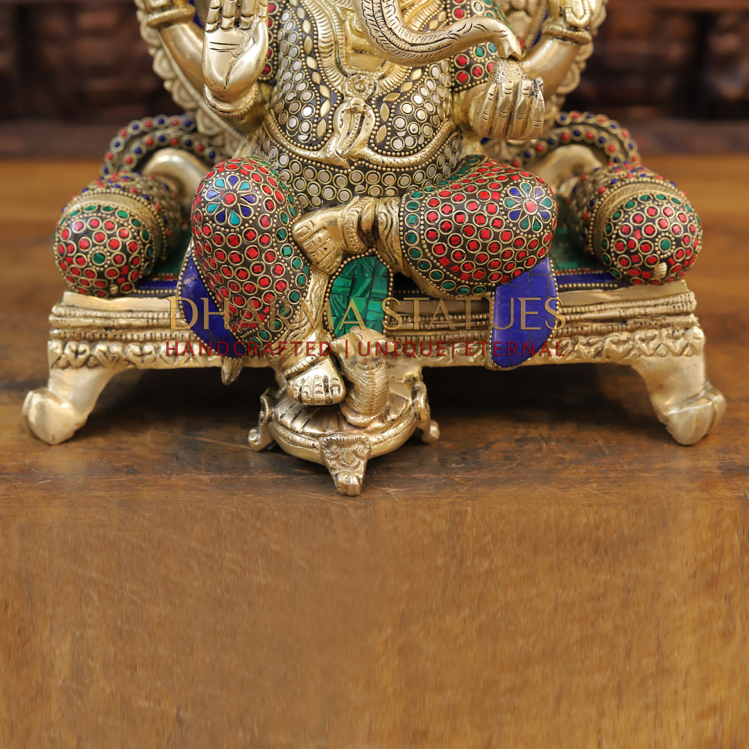 Brass Ganesh Statue, Seated on a Chowki, Stone & Golden Finish 18"