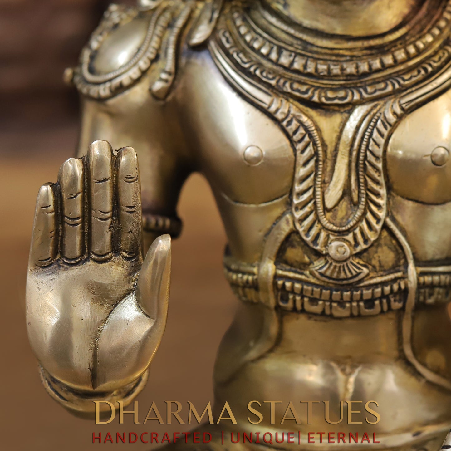 Brass Hanuman Statue, Seated in a Blessing Posture, Gold Finish, 13"