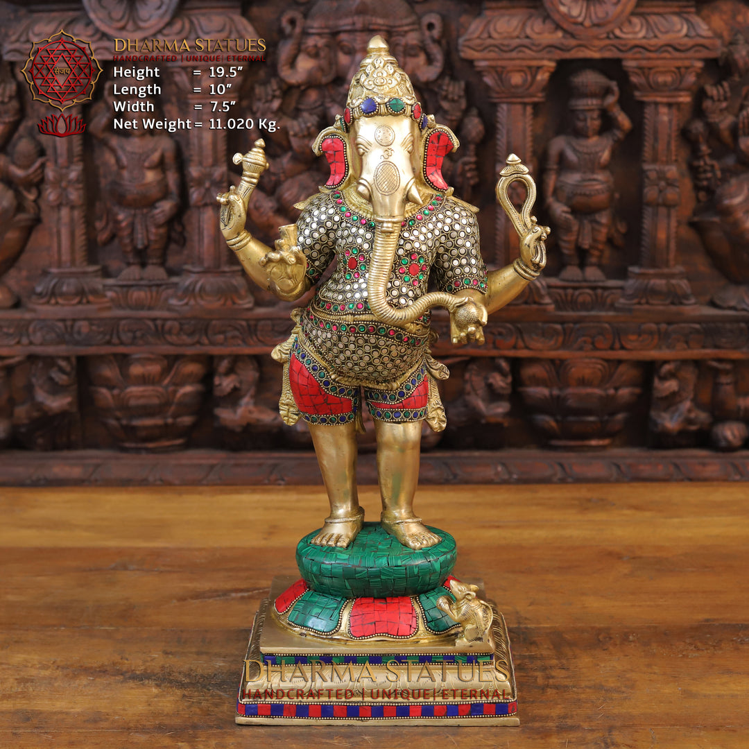 Brass Ganesh Statue, Standing Posture, Golden & Stone Finish 19.5" Front View