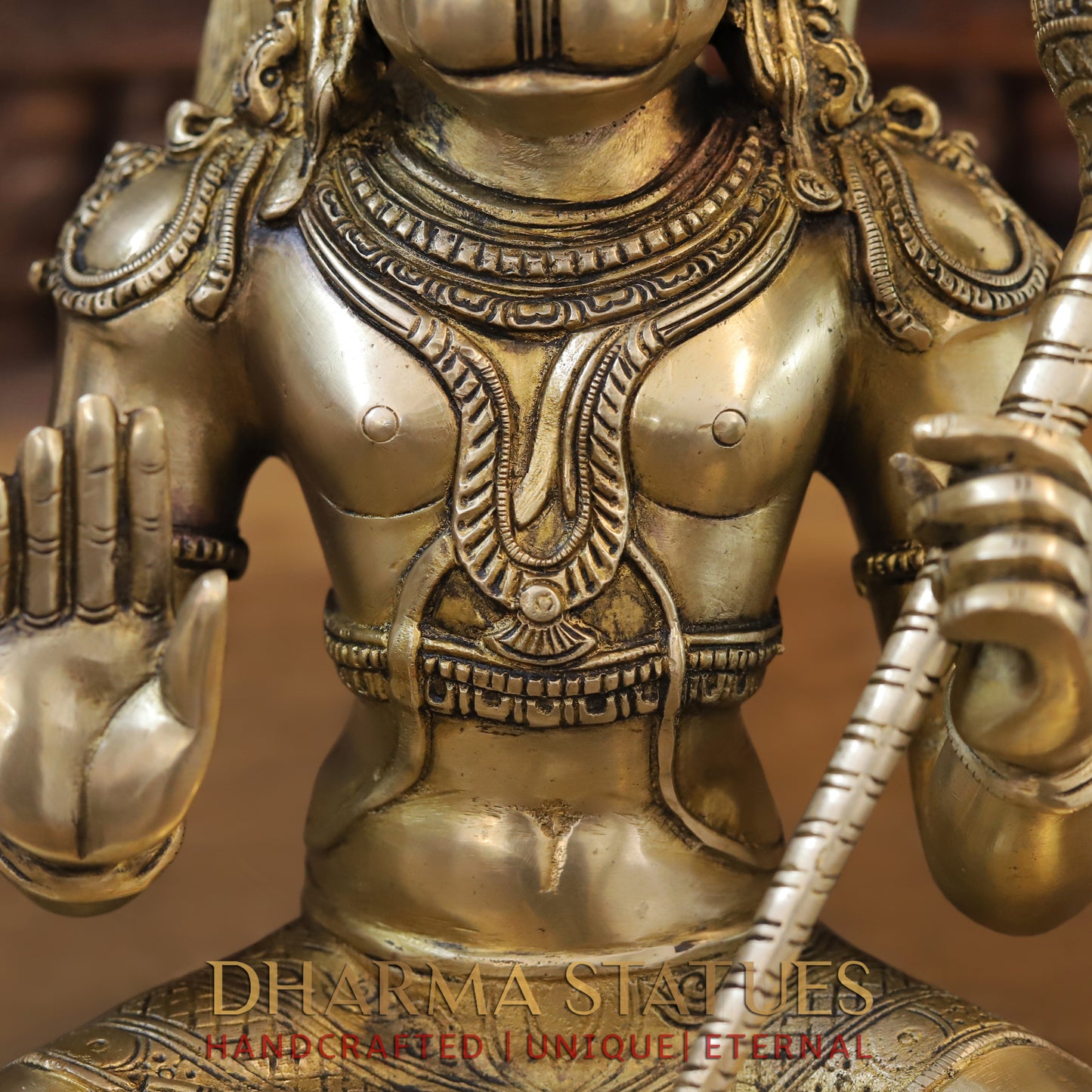 Brass Hanuman Statue, Seated in a Blessing Posture, Gold Finish, 13"
