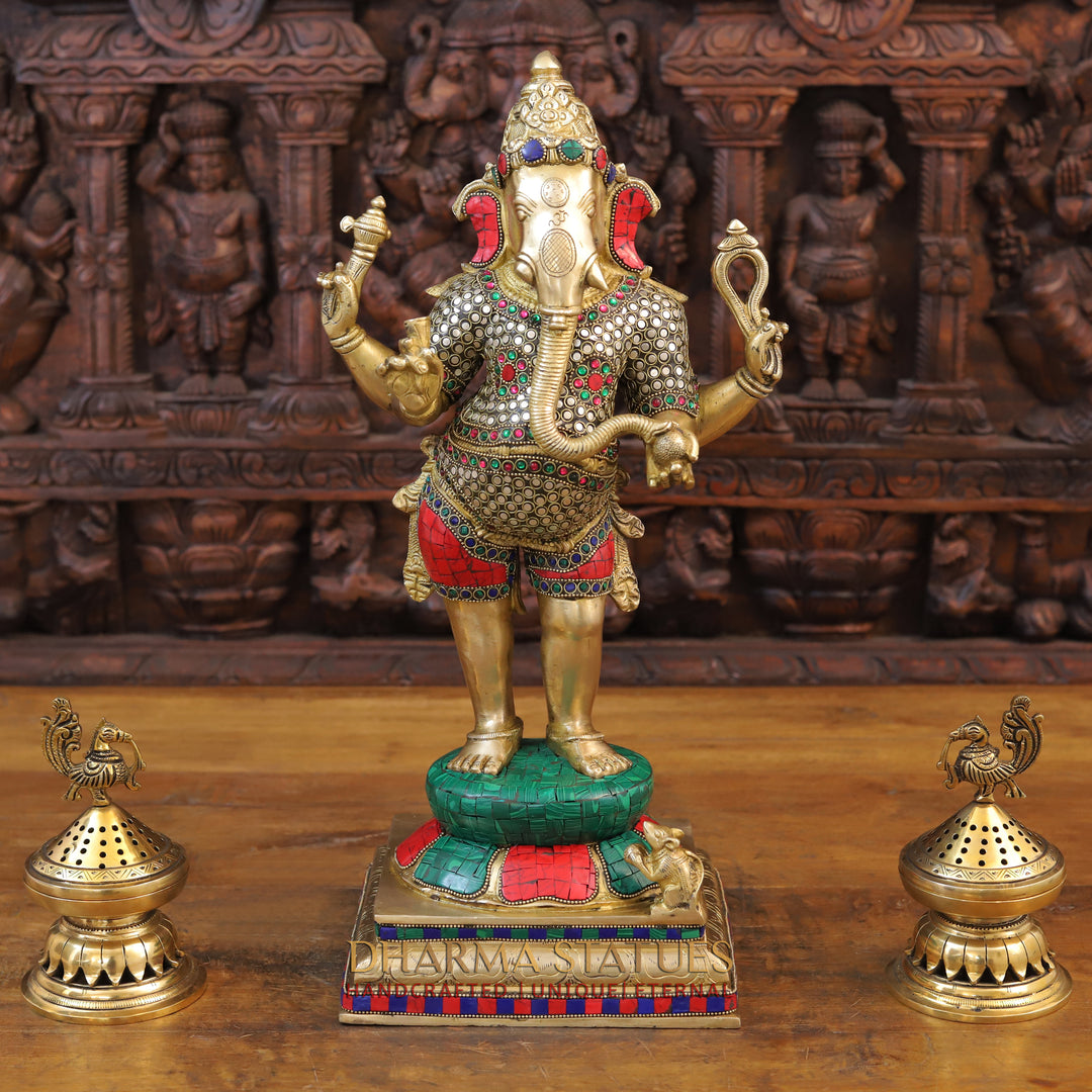 Brass Ganesh Statue Standing With rat On base, Golden & Stone Finish 19.5"