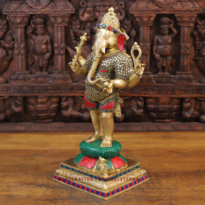 Brass Ganesh Statue Standing With rat On base, Golden & Stone Finish 19.5"