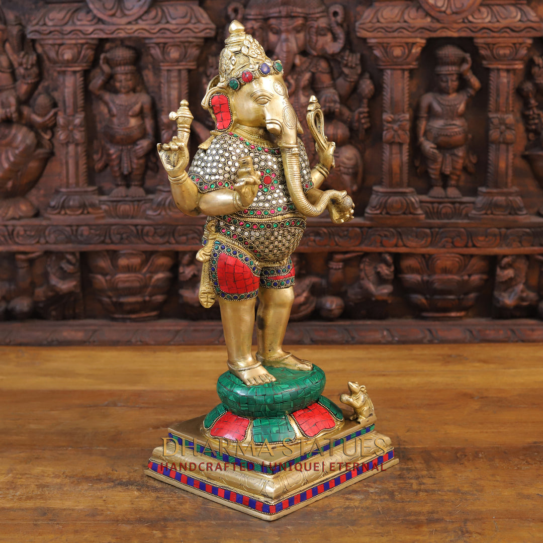 Brass Ganesh Statue Standing With rat On base, Golden & Stone Finish 19.5"