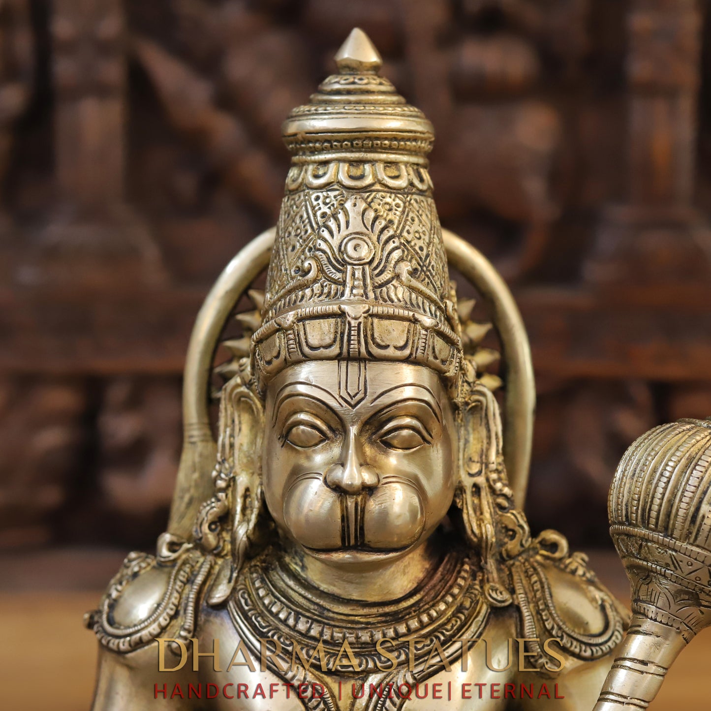 Brass Hanuman Statue, Seated in a Blessing Posture, Gold Finish, 13"