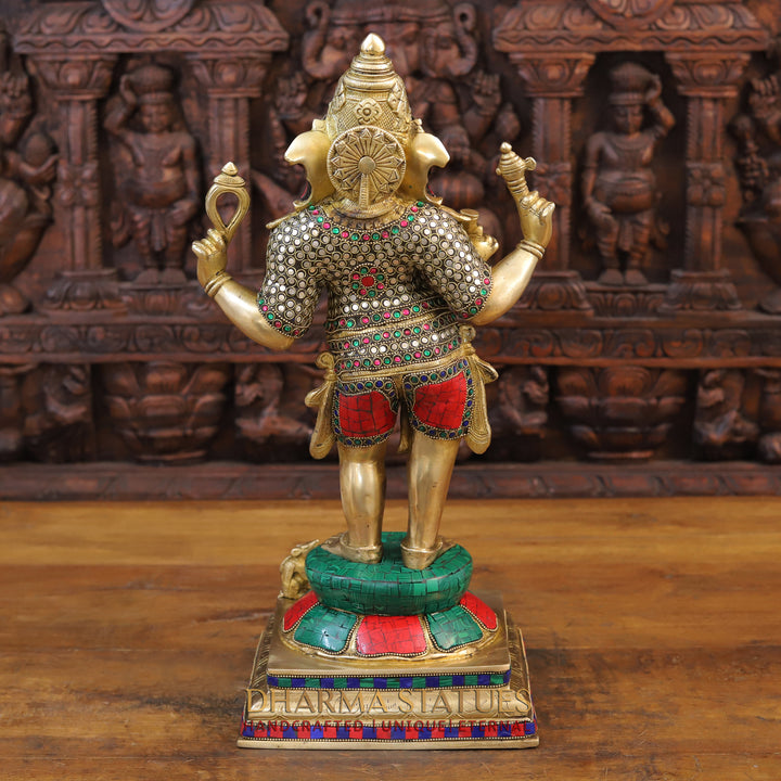 Brass Ganesh Statue Standing With rat On base, Golden & Stone Finish 19.5"