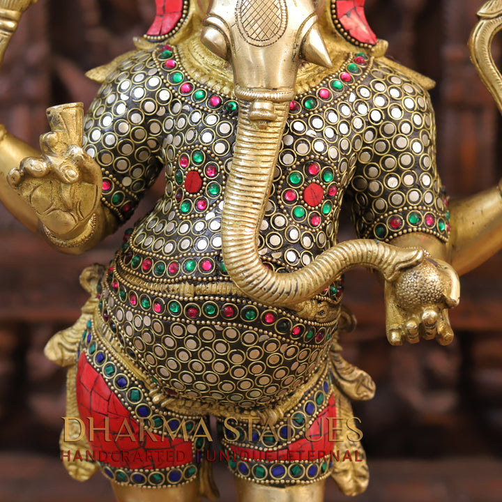 Brass Ganesh Statue Standing With rat On base, Golden & Stone Finish 19.5"