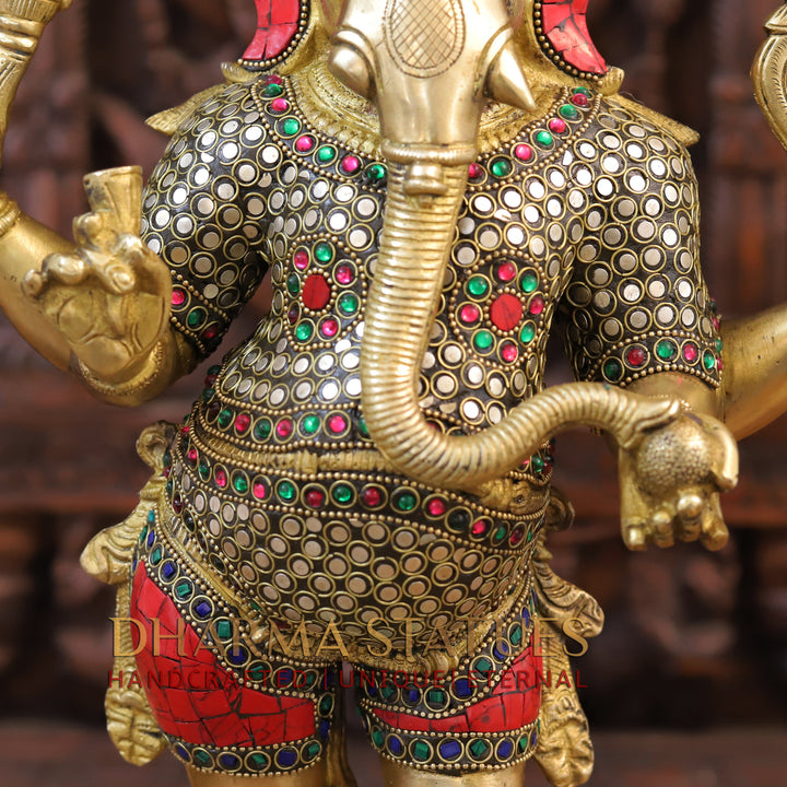 Brass Ganesh Statue Standing With rat On base, Golden & Stone Finish 19.5"