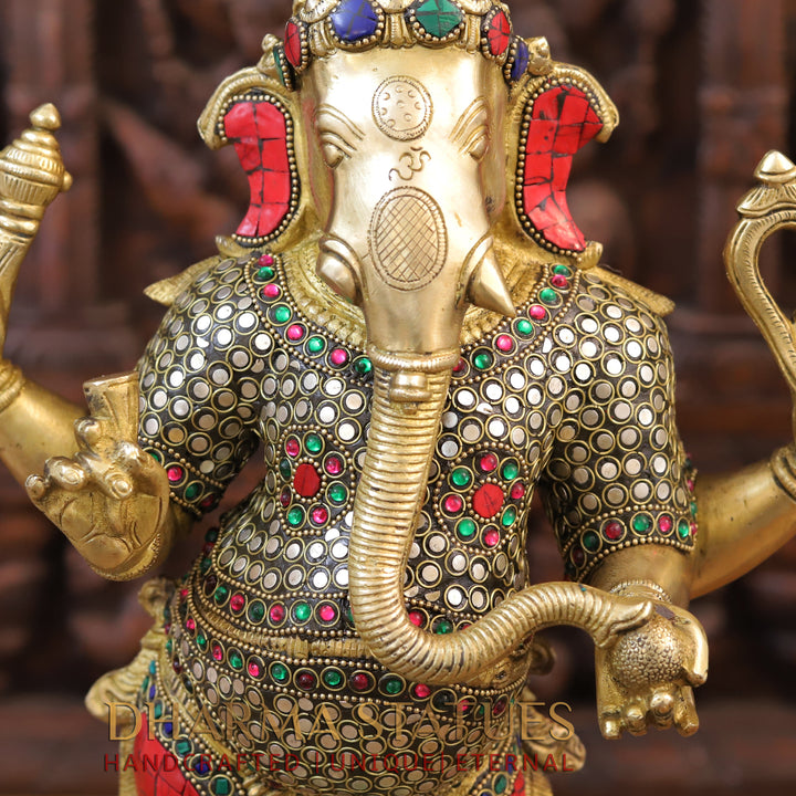 Brass Ganesh Statue Standing With rat On base, Golden & Stone Finish 19.5"