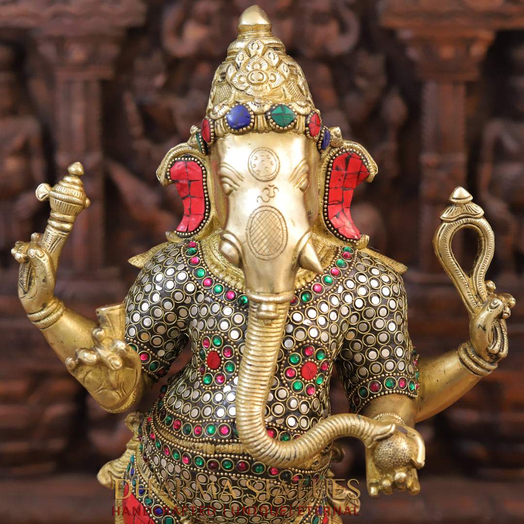 Brass Ganesh Statue Standing With rat On base, Golden & Stone Finish 19.5"