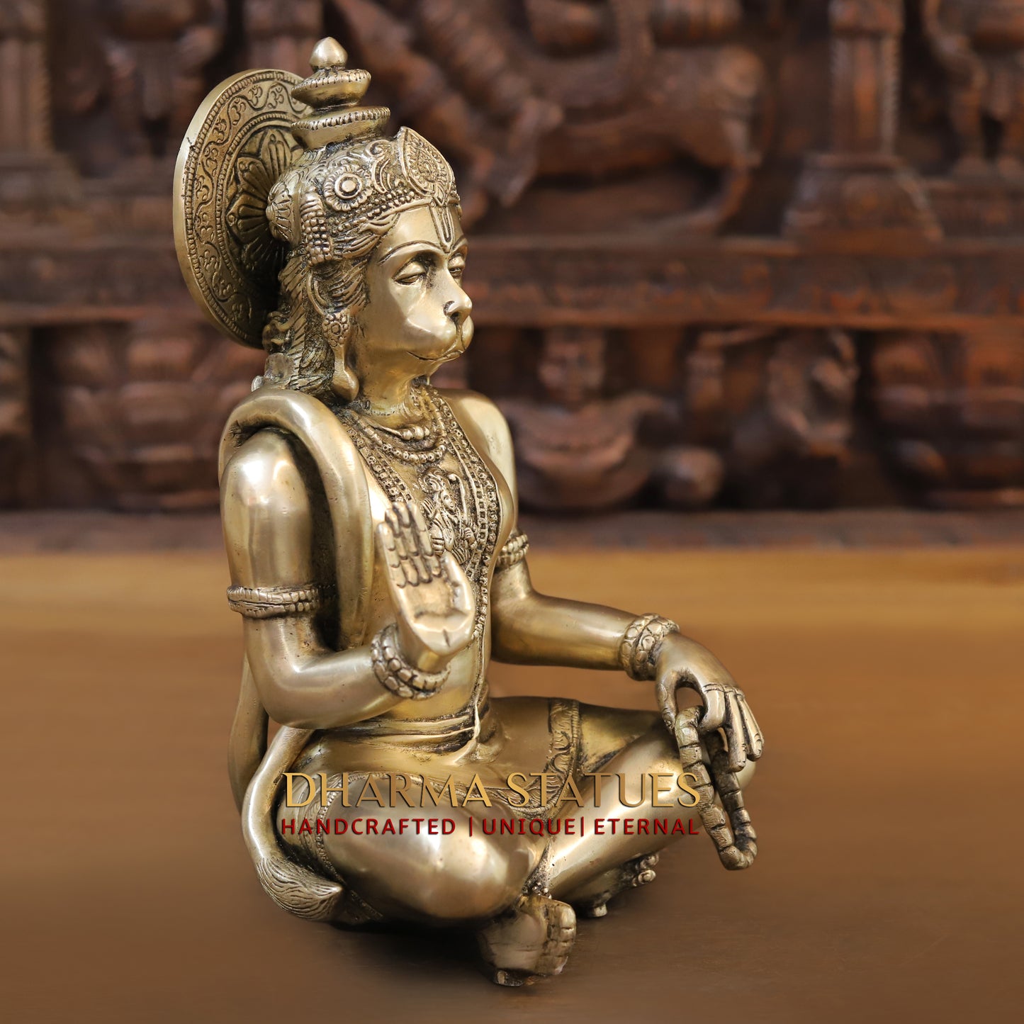 Brass Hanuman Statue Seated, Lord Ram Engraved, Fine Golden Finish, 11"