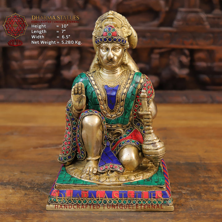 Brass Hanuman Idol, Sitting In a Blessing Posture, Golden & Stone work 10" Front View