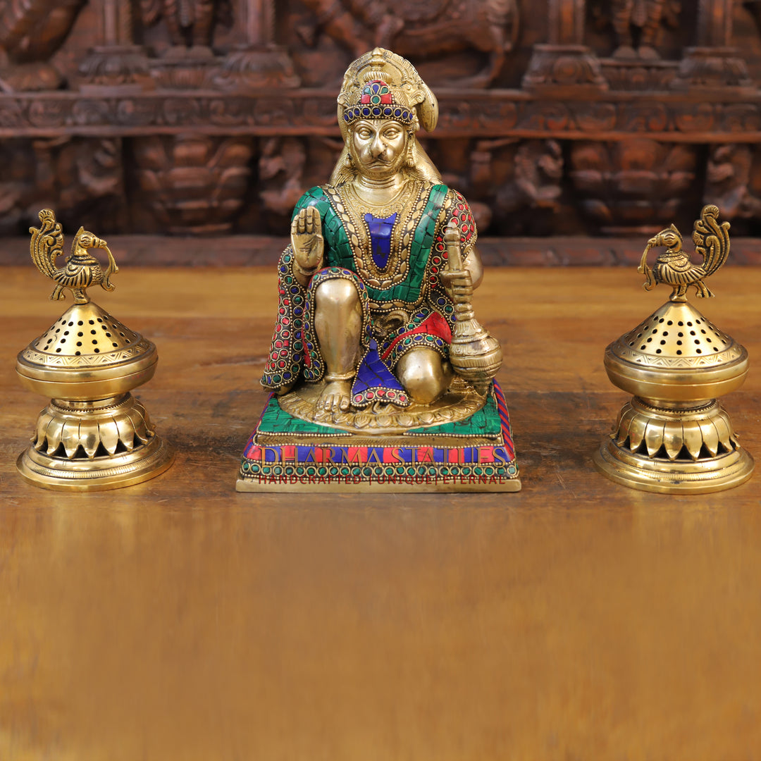 Brass Hanuman Idol, Sitting In a Blessing Posture, Golden & Stone work 10"