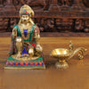 Brass Hanuman Idol, Sitting In a Blessing Posture, Golden & Stone work 10"