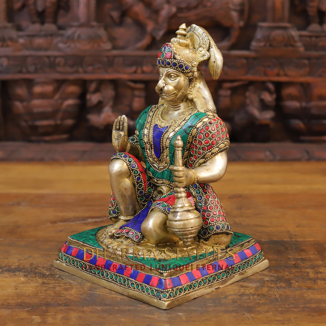 Brass Hanuman Idol, Sitting In a Blessing Posture, Golden & Stone work 10"