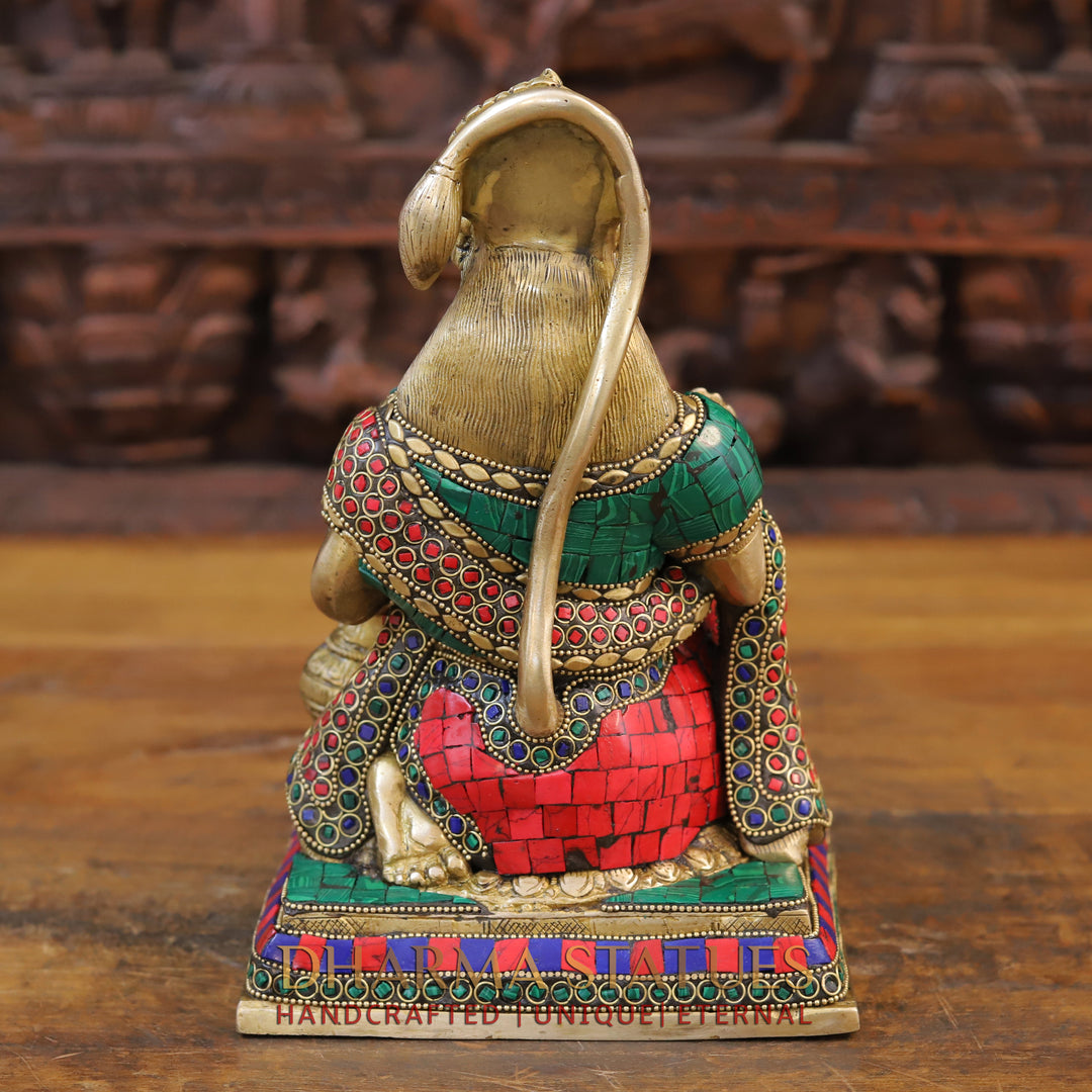 Brass Hanuman Idol, Sitting In a Blessing Posture, Golden & Stone work 10"