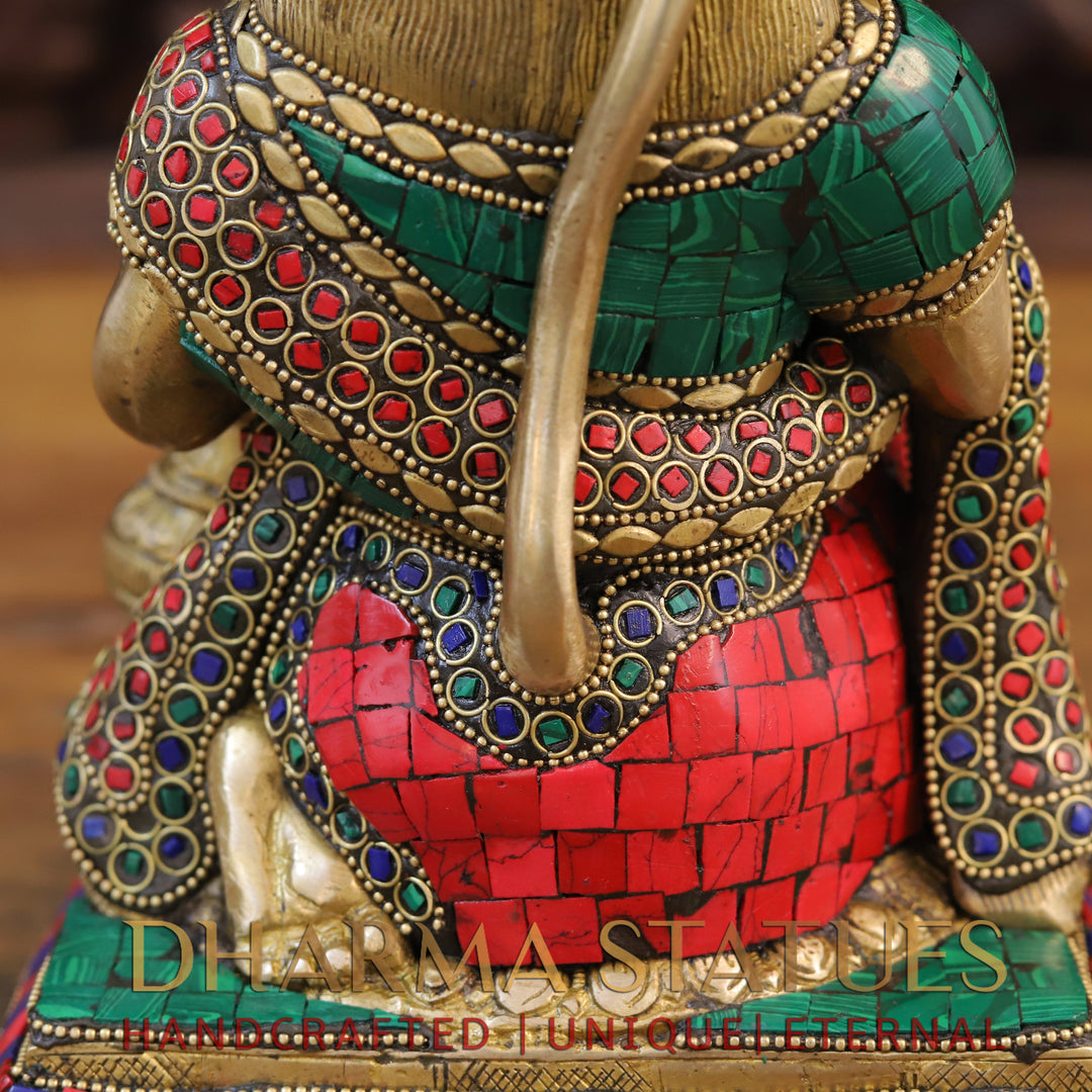 Brass Hanuman Idol, Sitting In a Blessing Posture, Golden & Stone work 10"