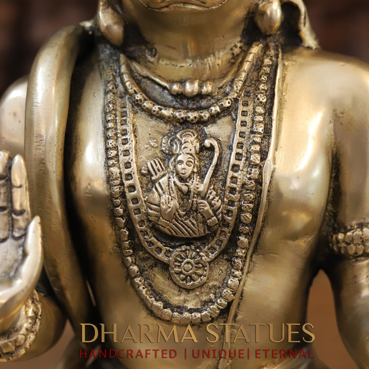 Brass Hanuman Statue Seated, Lord Ram Engraved, Fine Golden Finish, 11"