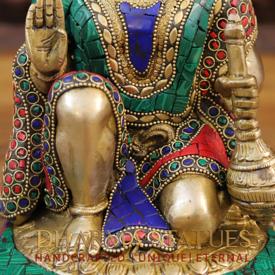 Brass Hanuman Idol, Sitting In a Blessing Posture, Golden & Stone work 10"