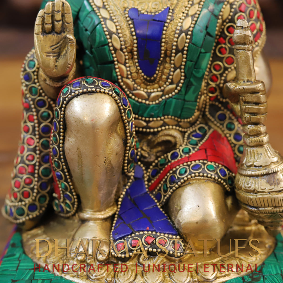 Brass Hanuman Idol, Sitting In a Blessing Posture, Golden & Stone work 10"