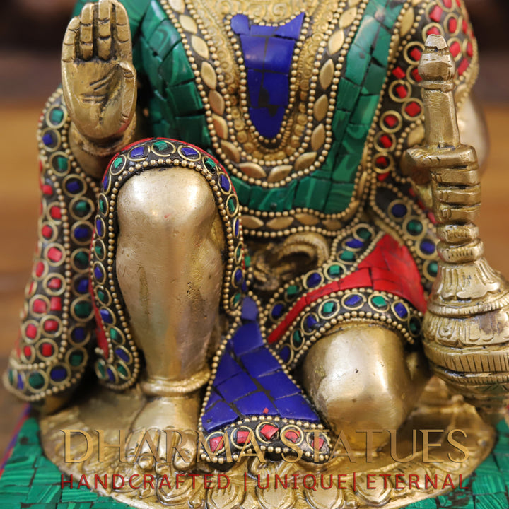 Brass Hanuman Idol, Sitting In a Blessing Posture, Golden & Stone work 10"