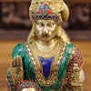 Brass Hanuman Idol, Sitting In a Blessing Posture, Golden & Stone work 10"