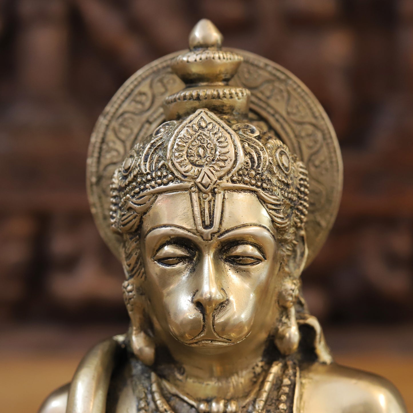 Brass Hanuman Statue Seated, Lord Ram Engraved, Fine Golden Finish, 11"