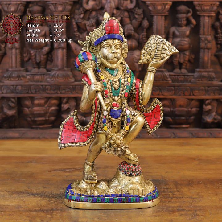 Brass Hanuman Statue, Hanuman Holding Mountain, Golden & Stone Finish 16.5" Front View