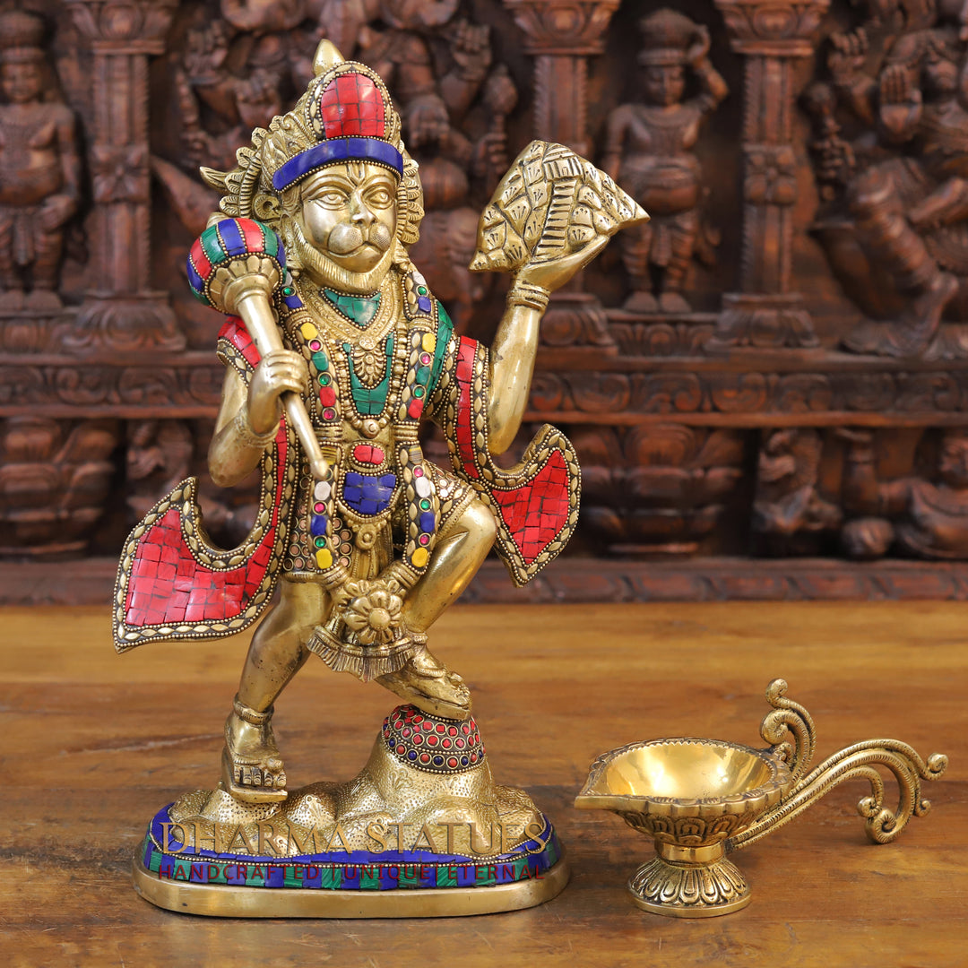 Brass Hanuman Statue, Golden & Stone Finish 16.5"