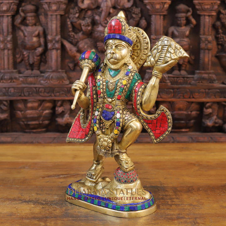 Brass Hanuman Statue, Protective Spirit, Golden finish with Stone Inlay, 16.5"