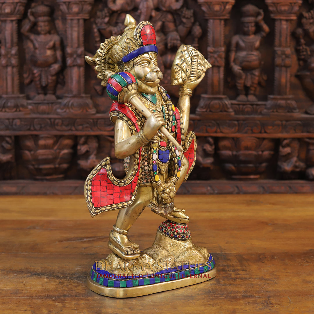 Brass Hanuman Statue, Protective Spirit, Golden finish with Stone Inlay, 16.5"