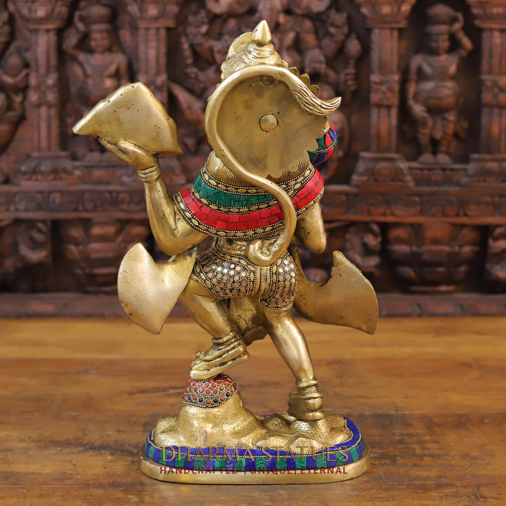 Brass Hanuman Statue, Protective Spirit, Golden finish with Stone Inlay, 16.5"