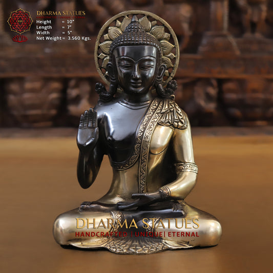 Brass Buddha Statue, Seated in Blessing Posture, Black Patina & Golden Finish, 10"