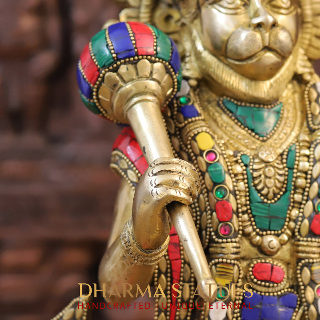 Brass Hanuman Statue, Protective Spirit, Golden finish with Stone Inlay, 16.5"