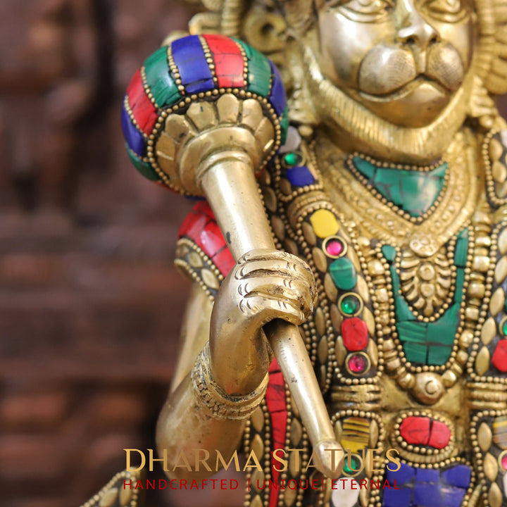 Brass Hanuman Statue, Golden & Stone Finish 16.5"