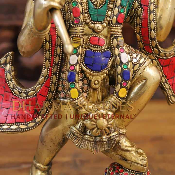 Brass Hanuman Statue, Protective Spirit, Golden finish with Stone Inlay, 16.5"