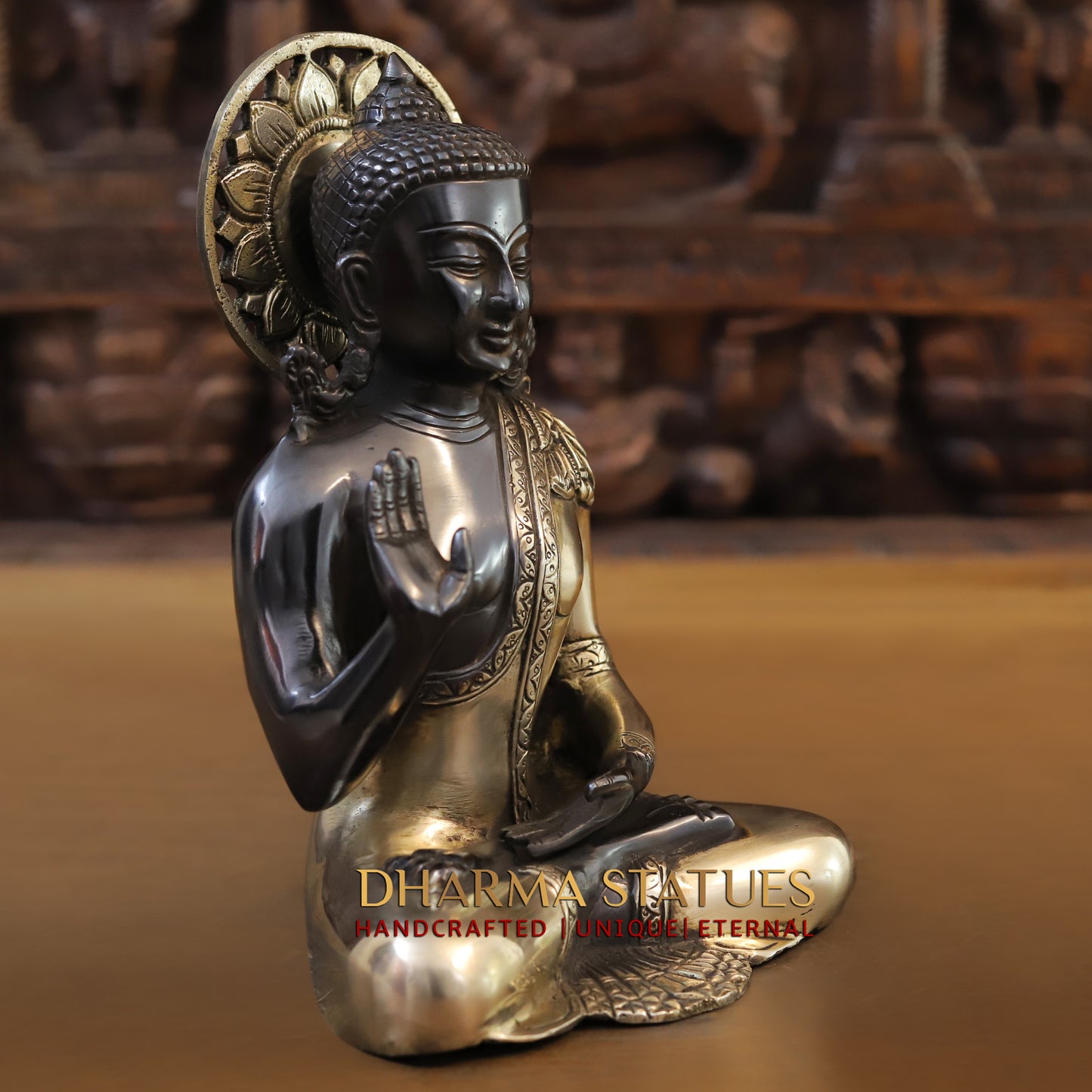 Brass Buddha Statue, Seated in Blessing Posture, Black Patina & Golden Finish, 10"