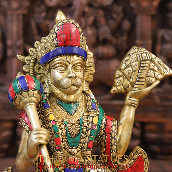 Brass Hanuman Statue, Golden & Stone Finish 16.5"