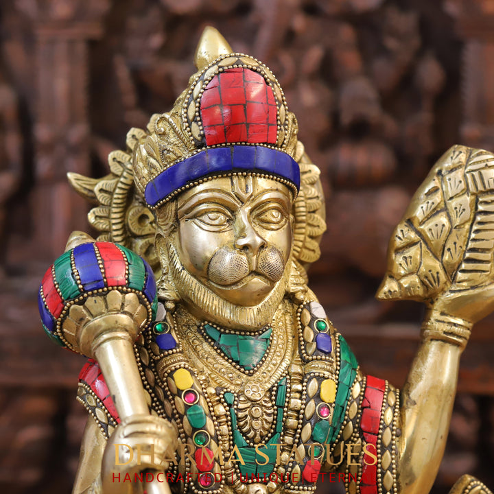 Brass Hanuman Statue, Golden & Stone Finish 16.5"