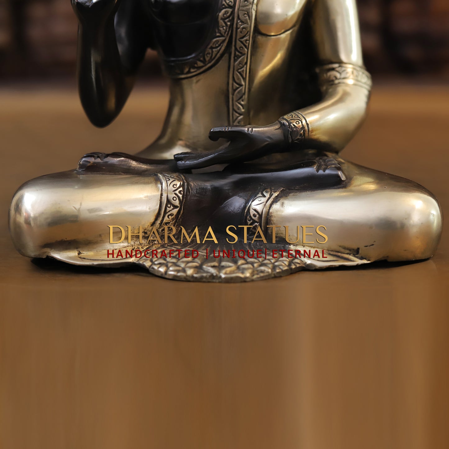 Brass Buddha Statue, Seated in Blessing Posture, Black Patina & Golden Finish, 10"