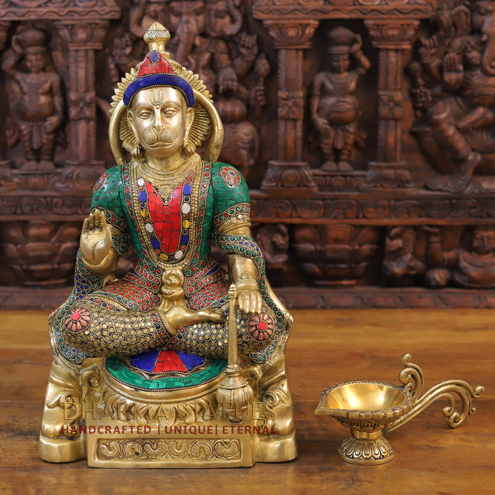 Brass Hanuman Statue, Seated, Golden and Stone work 18"