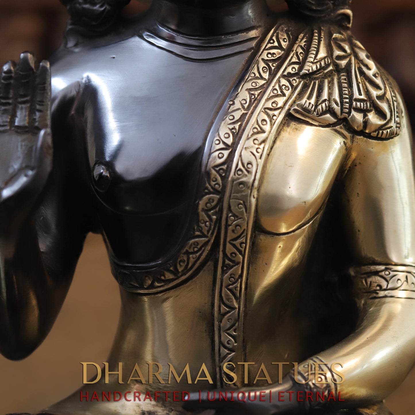Brass Buddha Statue, Seated in Blessing Posture, Black Patina & Golden Finish, 10"