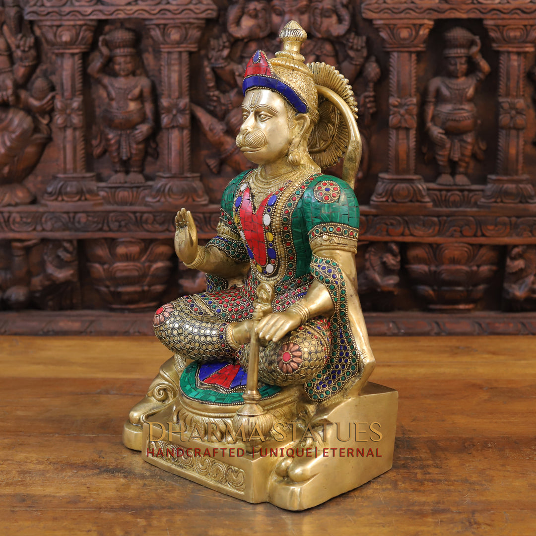 Brass Hanuman Statue, Seated, Golden and Stone work 18"