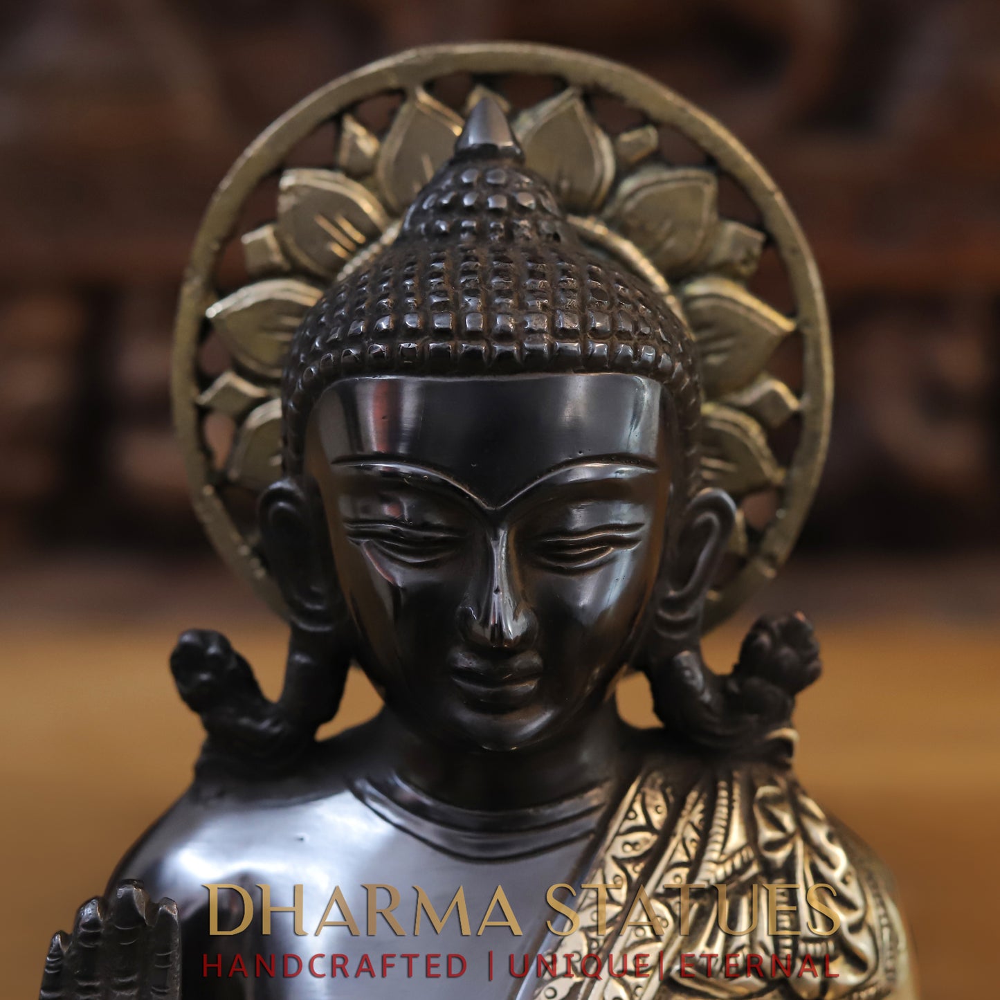 Brass Buddha Statue, Seated in Blessing Posture, Black Patina & Golden Finish, 10"