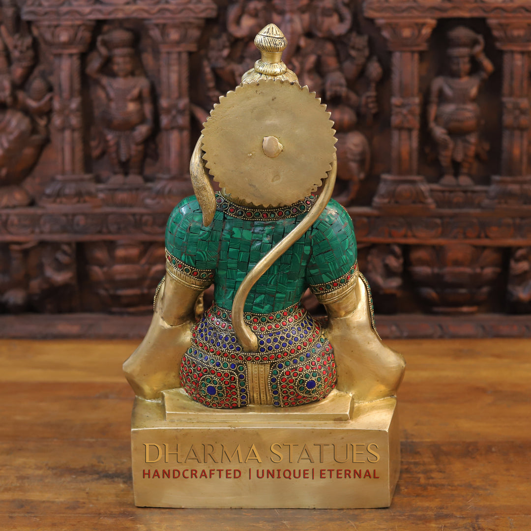 Brass Hanuman Statue, Seated, Golden and Stone work 18"