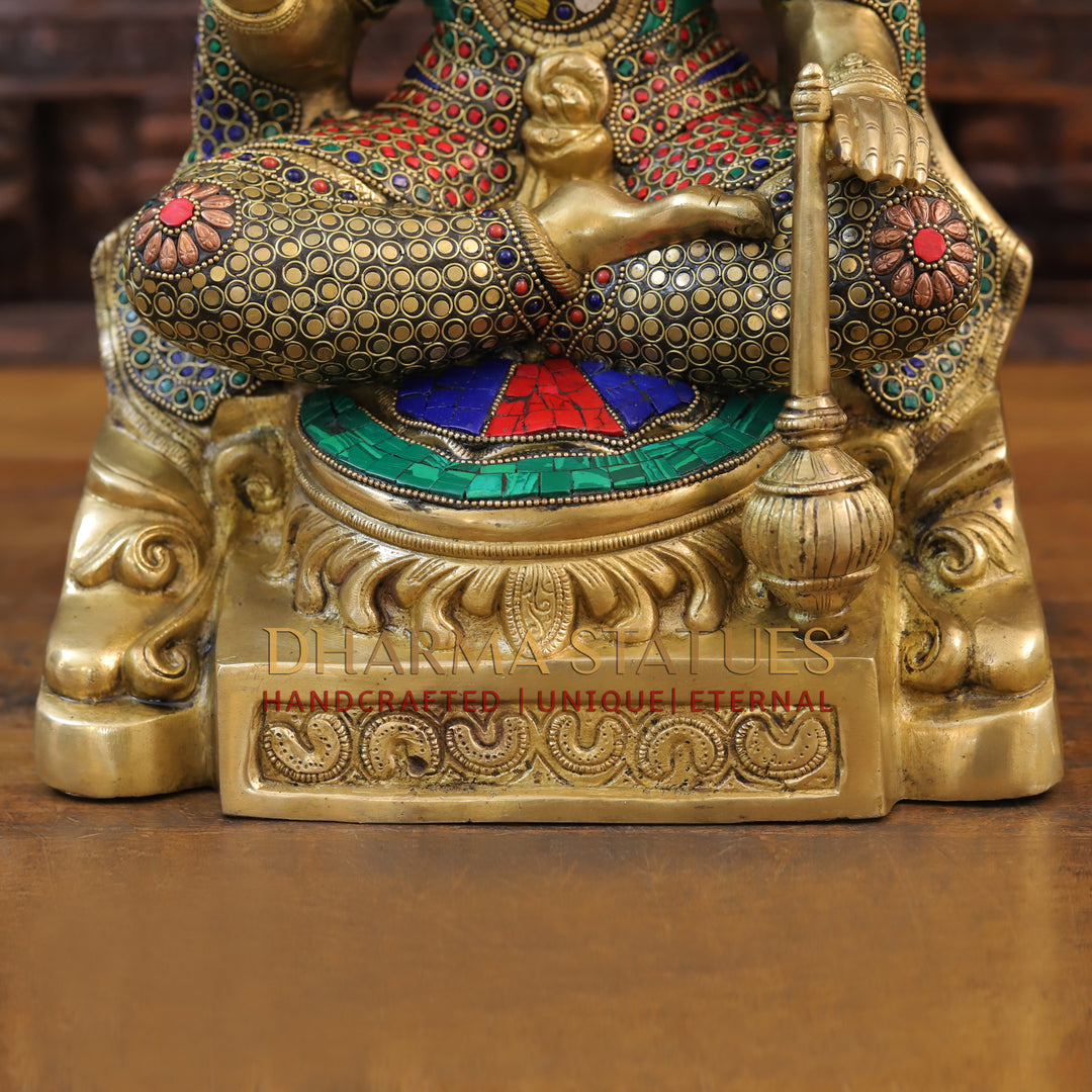 Brass Hanuman Statue, Seated, Golden and Stone work 18"