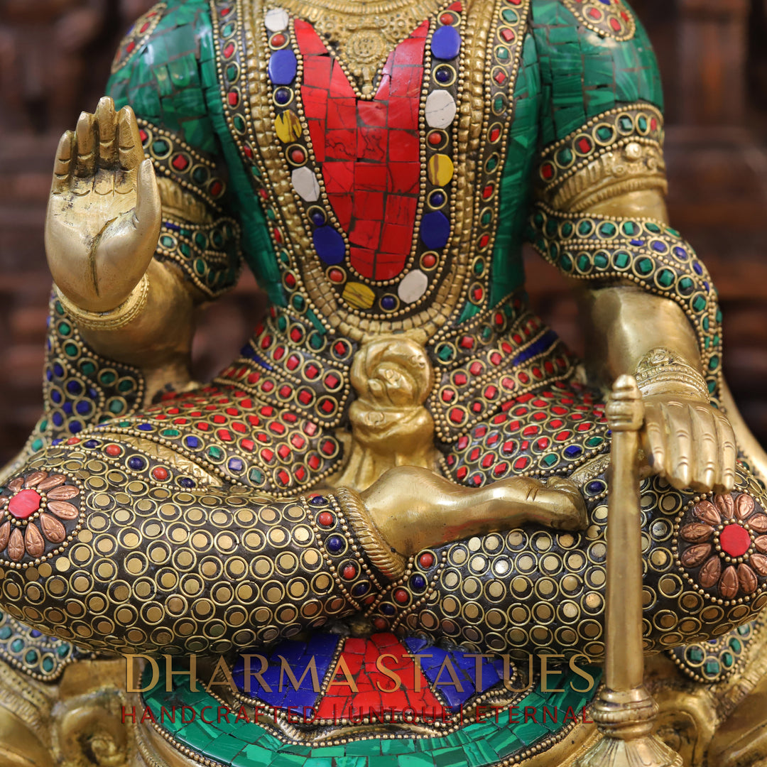 Brass Hanuman Statue, Seated, Golden finish with Stone work 18"