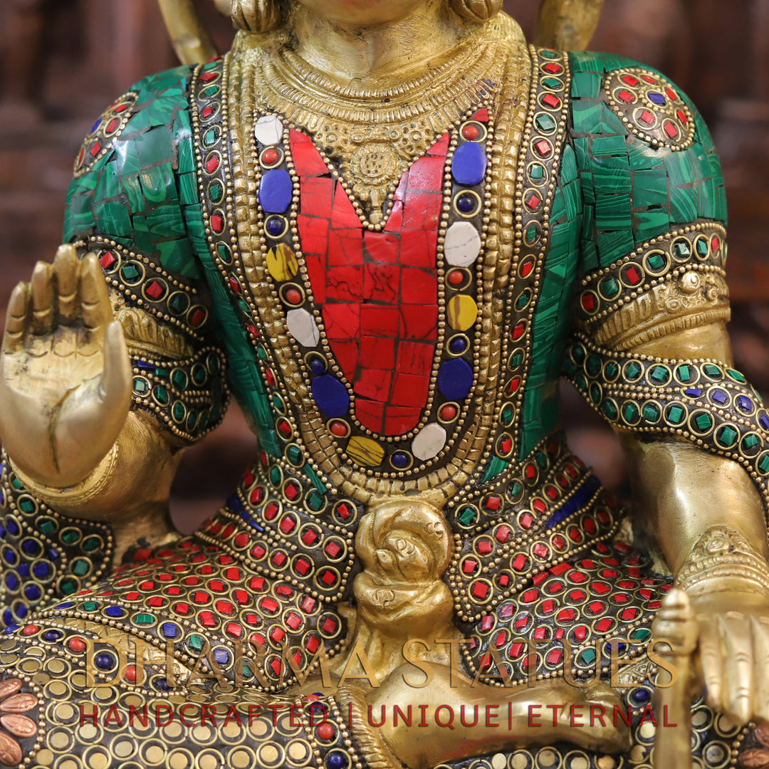 Brass Hanuman Statue, Seated, Golden and Stone work 18"