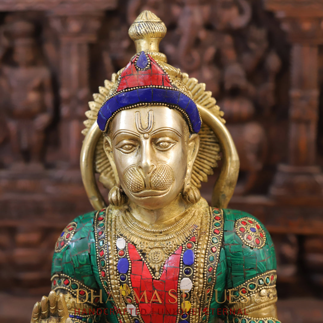 Brass Hanuman Statue, Seated, Golden finish with Stone work 18"