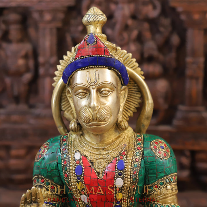 Brass Hanuman Statue, Seated, Golden and Stone work 18"